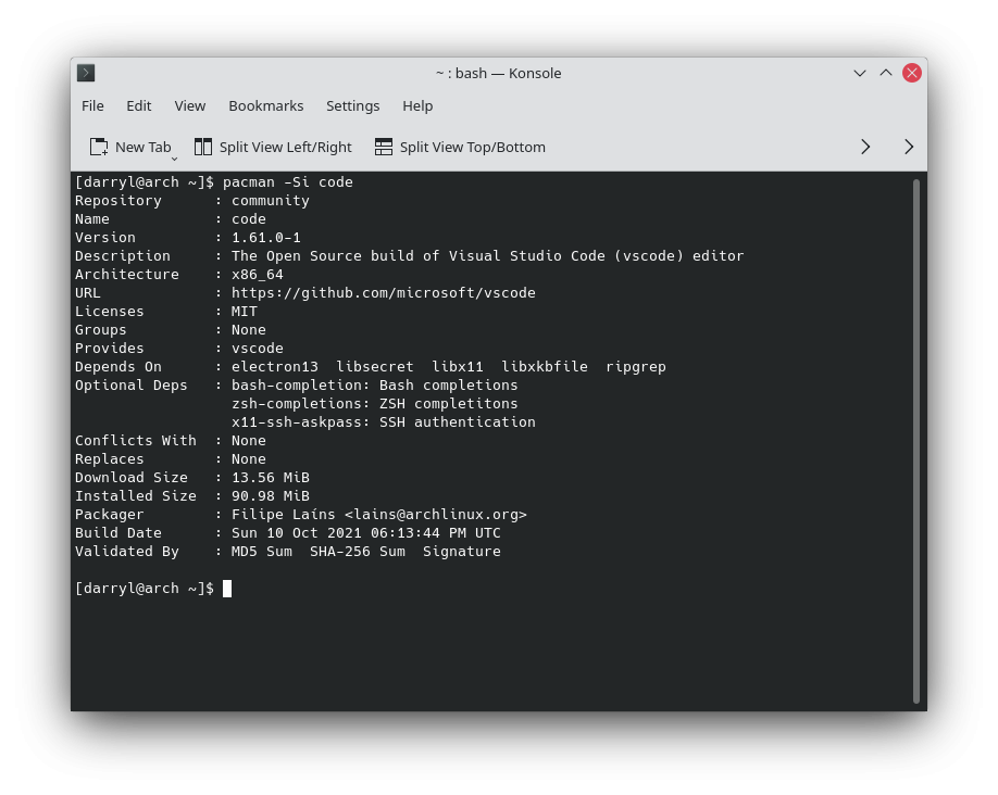 pacman -Si code package info