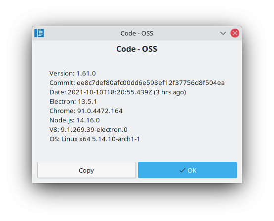 VS Code About window on Arch Linux
